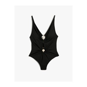 Koton Covered V-Neck Swimsuit with Metal Accessories and Window Detail