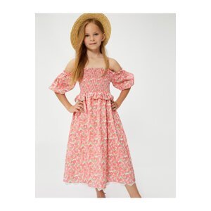 Koton Floral Off Shoulder Dress With Balloon Sleeves Gippe Detailed Frilly