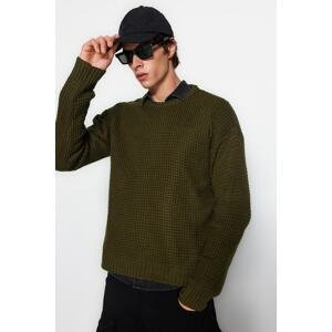 Trendyol Men's Khaki Oversize Fit Wide Fit Crew Neck Textured Basic Knitwear Sweater