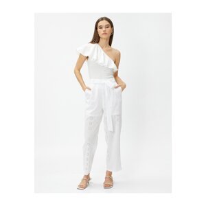 Koton Women's Belt Detailed Crop Embroidery Trousers