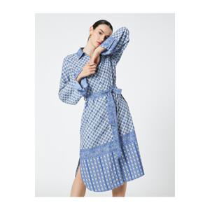 Koton Traditional Patterned Shirt Dress Belted Midi Length