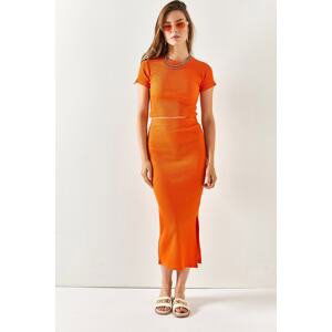 Olalook Women's Orange Short Sleeve Slit Skirted Lycra Suit