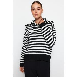 Trendyol Black Soft Textured Striped Zipper Detail Knitwear Sweater