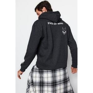 Trendyol Anthracite Men's Relaxed/Comfortable Cut Text Printed Inside Fleece Sweatshirt