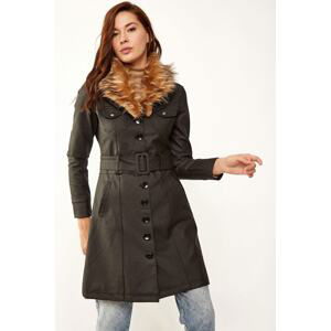 Bigdart 1026 Belted Faux Fur Leather Jacket - Black