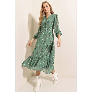 Bigdart Floral Patterned Lined Green Chiffon Dress