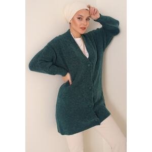 Bigdart 15768 Water Green Hair Knit Pattern Buttoned Hijab Knitwear Cardigan