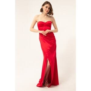Lafaba Women's Red Stone Strap Slit Long Satin Evening Dress