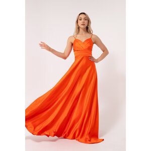 Dámské oranžové dlouhé saténové večerní šaty a plesové šaty Lafaba s nitěnými ramínky a páskem v pase