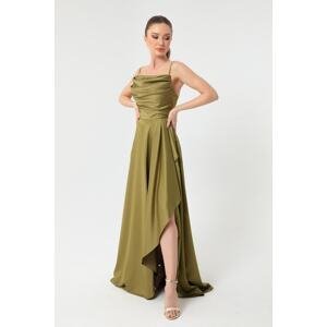 Lafaba Women's Oil Green Ruffles & Slit Satin Evening & Prom Dress