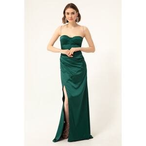 Lafaba Women's Emerald Green Stone Strap Slit Long Satin Evening Dress