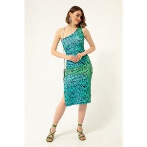 Lafaba Women's Blue Printed Asymmetrical Collar Slit Flexible Midi Knitted Dress