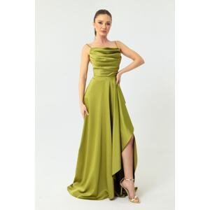Lafaba Women's Pistachio Green Flounce Slit Satin Evening Dress & Graduation Dress