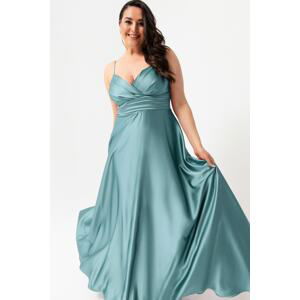Lafaba Women's Turquoise Thread Strap Plus Size Satin Long Evening Dress & Graduation Dress