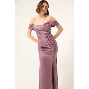 Lafaba Women's Lavender Gathered Detailed Slit Long Evening Dress