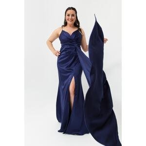 Lafaba Women's Navy Blue Plus Size Long Satin Evening Dress & Graduation Dress