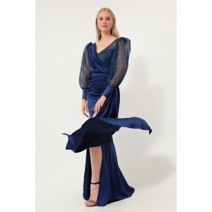 Lafaba Women's Navy Blue Double Breasted Collar Silvery Long Satin Evening Dress