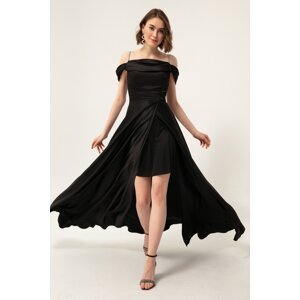 Lafaba Women's Black Stone Strap Long Satin Evening Dress