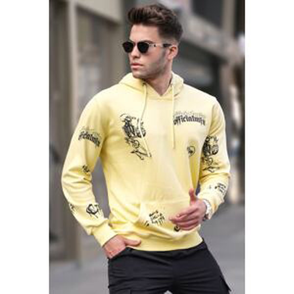 Madmext Yellow Printed Hooded Sweatshirt 5895