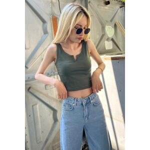 Madmext Mad Girls Khaki Crop Top with Front Detail Mg362