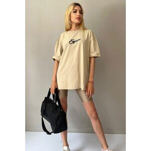 Madmext Beige Printed Oversize T-Shirt