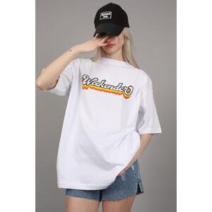 Madmext Women's White Printed Oversize Round Neck T-Shirt