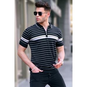 Madmext Black Striped Polo Neck T-Shirt 5734