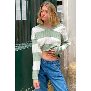 Madmext Green V-Neck Striped Crop Women's Sweater