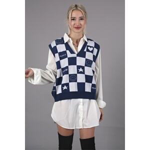 Madmext Women's Indigo V-Neck Checkered Pattern Regular Fit Sweater