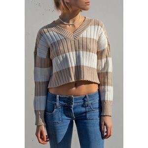 Madmext Beige V-Neck Striped Crop Women's Sweater