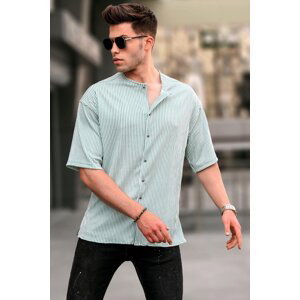 Madmext Mint Green Big Collar Striped Short Sleeve Shirt 5863