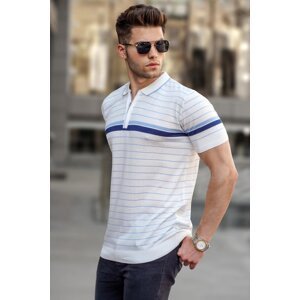 Madmext White Striped Polo Neck T-Shirt 5734