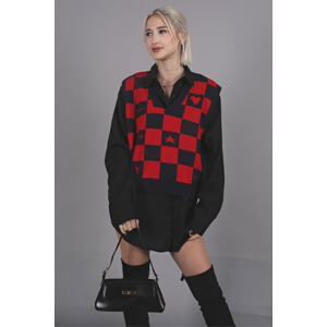 Madmext Women's Red V-Neck Checkered Pattern Regular Fit Sweater