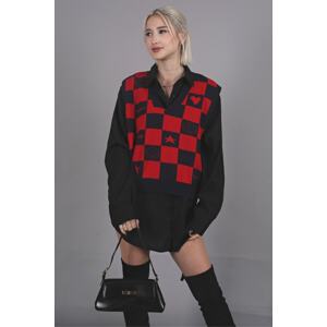 Madmext Women's Red V-Neck Checkered Pattern Regular Fit Sweater