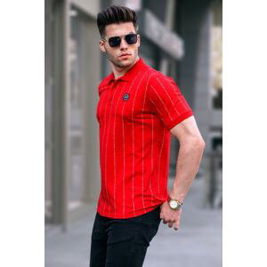 Madmext Red Buttoned Striped Polo Neck T-Shirt 5879