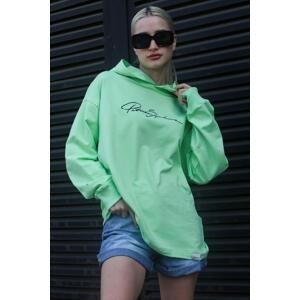 Madmext Women's Light Green Embroidered Hooded Sweatshirt