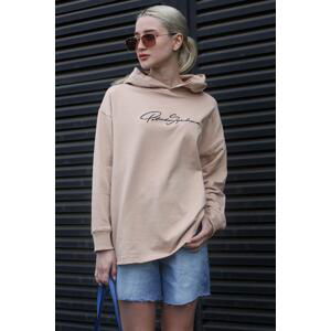 Madmext Women's Beige Embroidered Hooded Sweatshirt