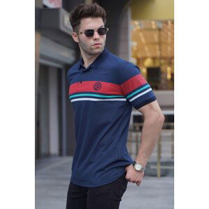 Madmext Navy Blue Striped Polo Neck T-Shirt 5877