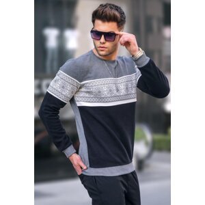Madmext Gray Jacquard Patterned Crew Neck Knitwear Sweater 5966