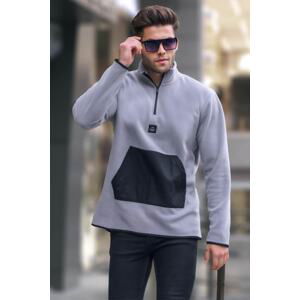 Madmext Men's Dyed Gray Bato Collar Kangaroo Pocket Cold Proof Fleece Sweatshirt 6018