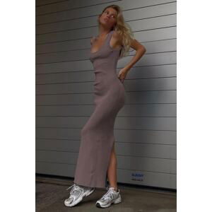 Madmext Mink Square Collar Long Slit Dress