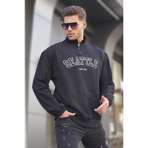 Madmext Black Zipper Collar Embroidered Sweatshirt 6026