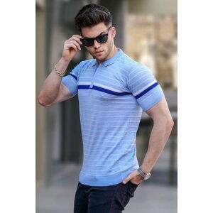 Madmext Baby Blue Striped Polo Neck T-Shirt 5734