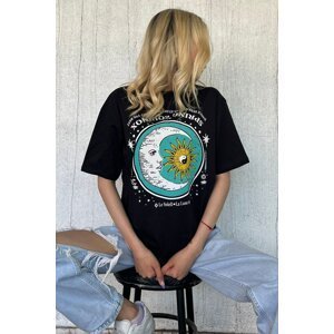 Madmext Black Printed Over Fit Women's T-Shirt