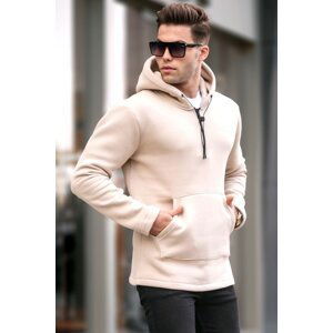 Madmext Beige Zipper Detailed Hoodie Basic Sweatshirt 6005