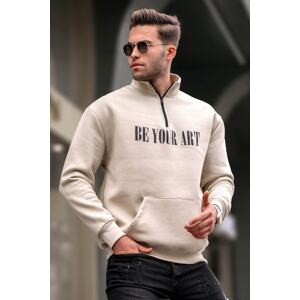 Madmext Beige Men's Zipper Collar Printed Sweatshirt 6032