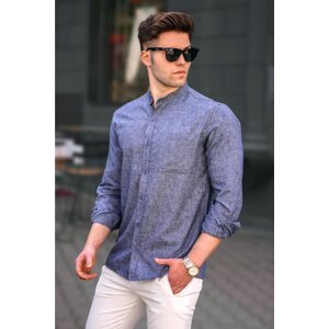 Madmext Men's Navy Blue Linen Plain Long Sleeve Shirt 5548