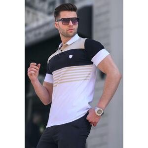 Madmext Men's White Polo Neck Striped T-Shirt 5865