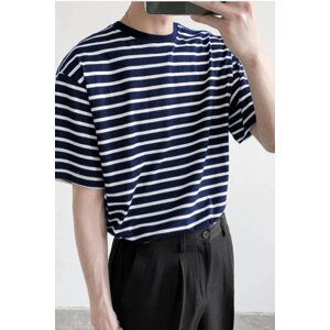 Madmext Men's Striped Navy Blue T-Shirt 5276