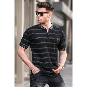 Madmext Men's Black Striped Polo Neck T-Shirt 5874